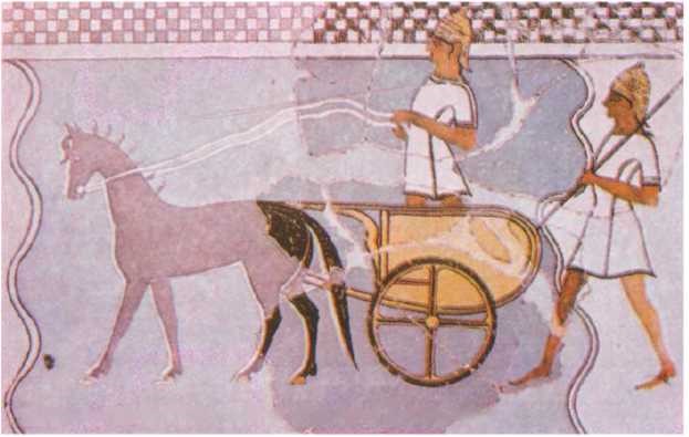 "Боевая колесница и воин", фреска из дворца в Пилосе, Афины.